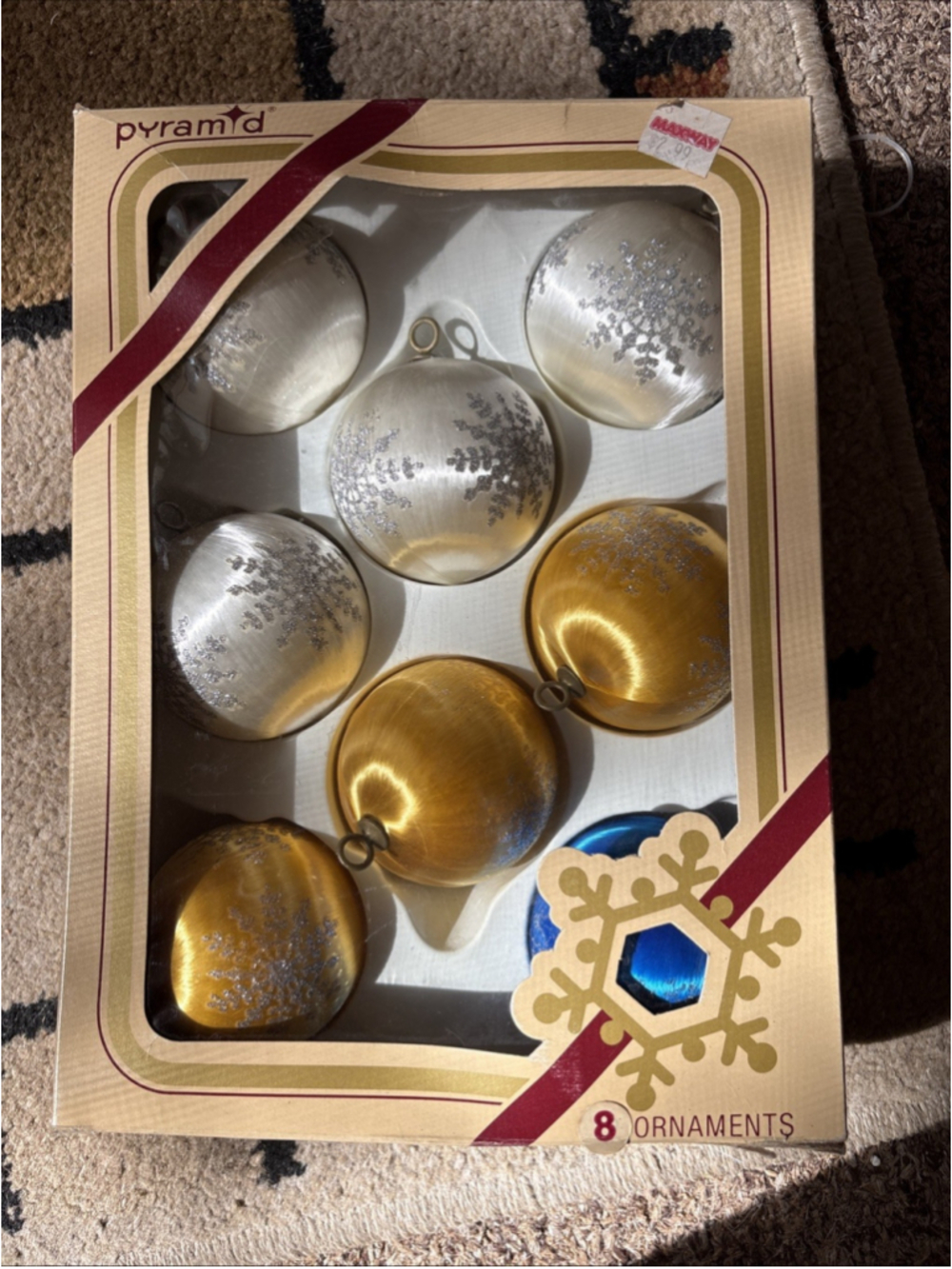 Vintage Pyramid 8 Satin Ball Christmas Ornaments MCM W/Glitter Snowflakes